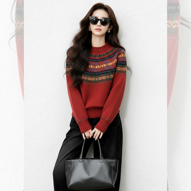 别致独特漂亮红色小衫费尔岛毛衣打底洋气高贵针织衫上衣女装秋冬