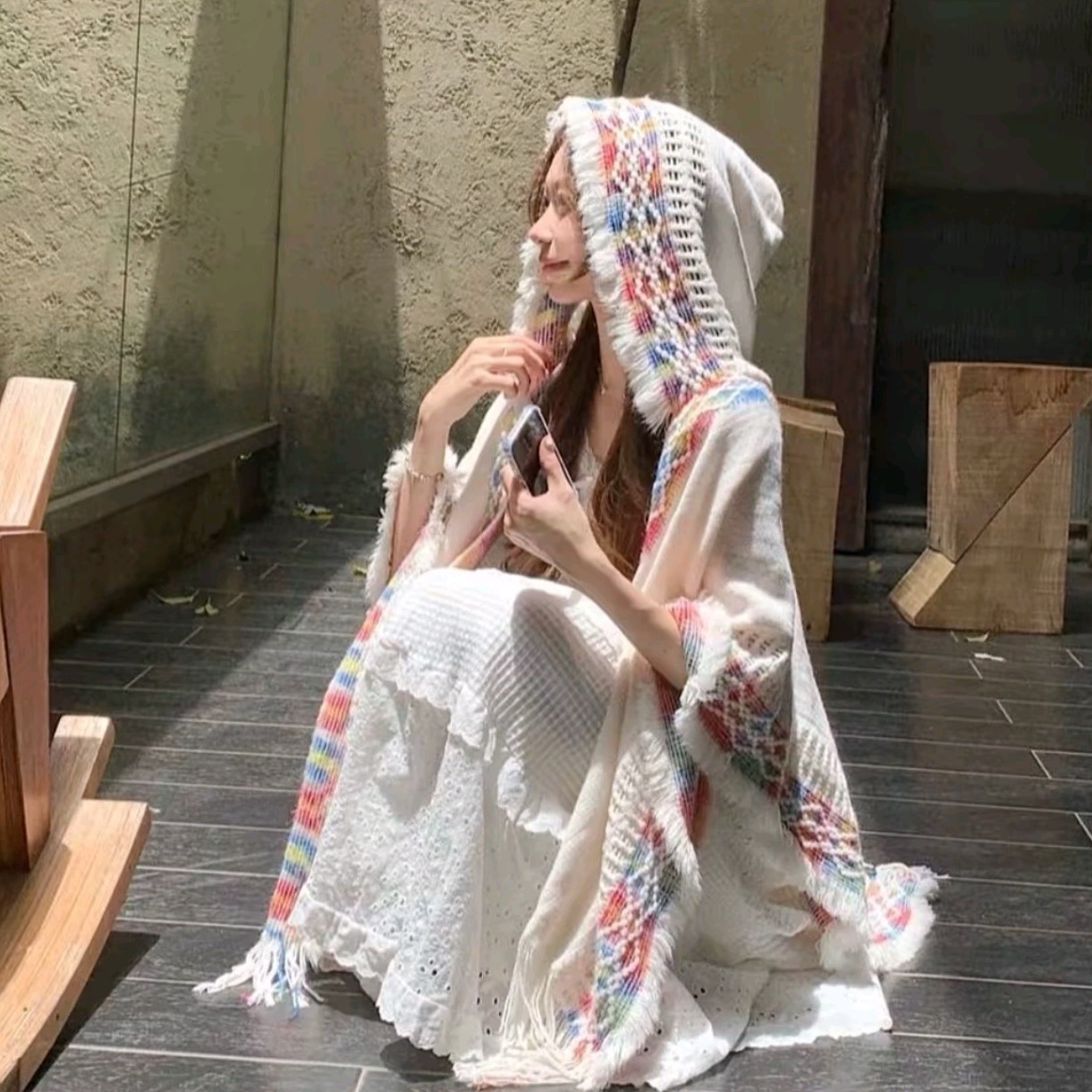 甩帽款流苏披肩时尚披风秋冬宽松百搭连帽薄款民族风外搭斗篷外套