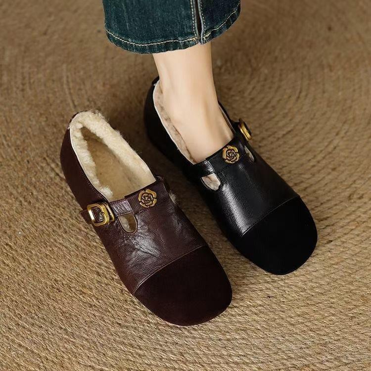 三福女鞋山茶花复古玛丽珍鞋女冬季新款棉鞋平底浅口百搭加绒保暖