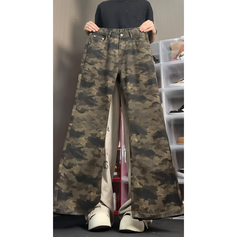 美式复古迷彩微喇牛仔裤男秋季大码高街修身直筒裤子潮牌休闲长裤
