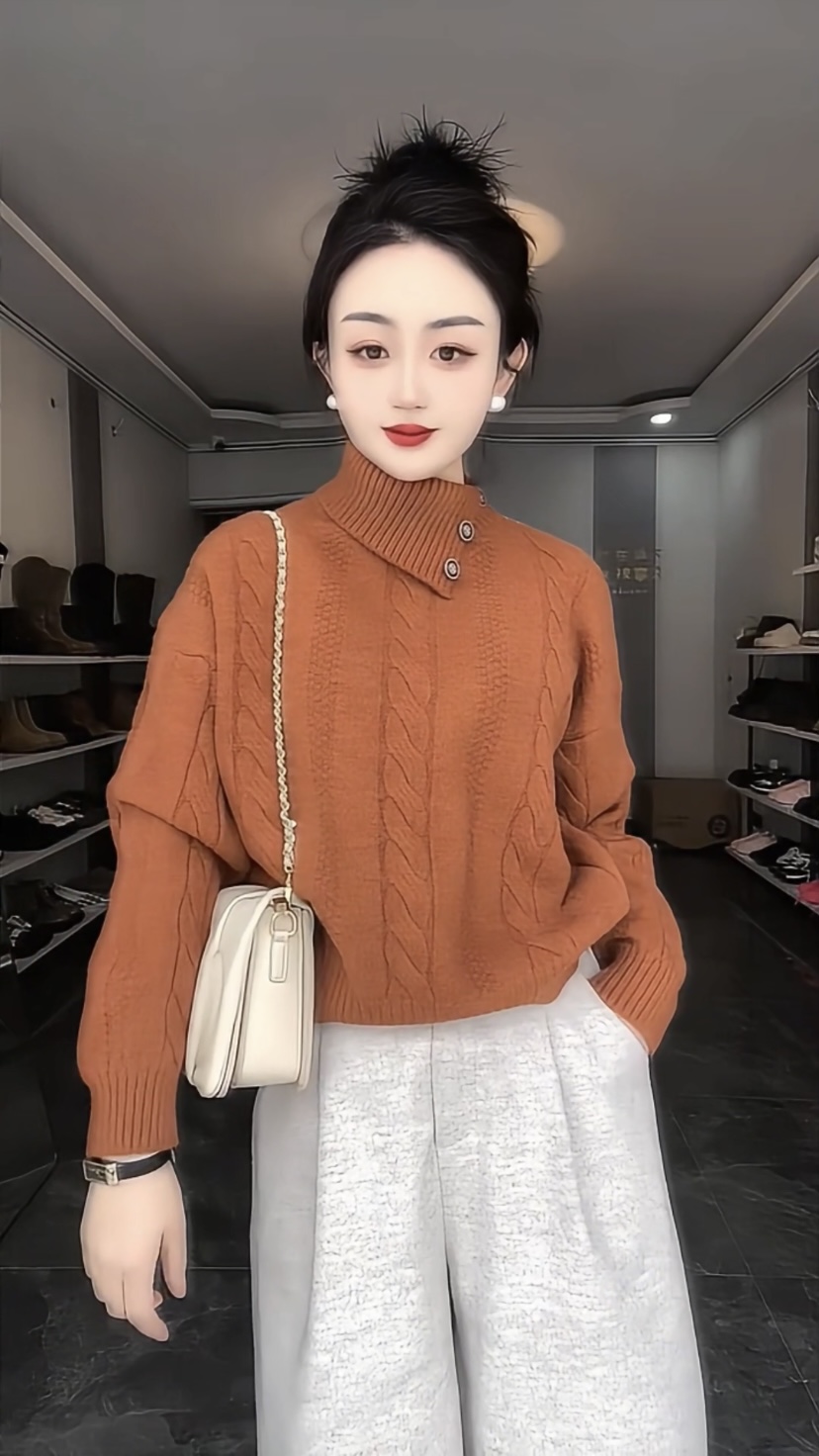 女装高级感半高领麻花针织衫女秋冬显瘦气质百搭软糯毛衣