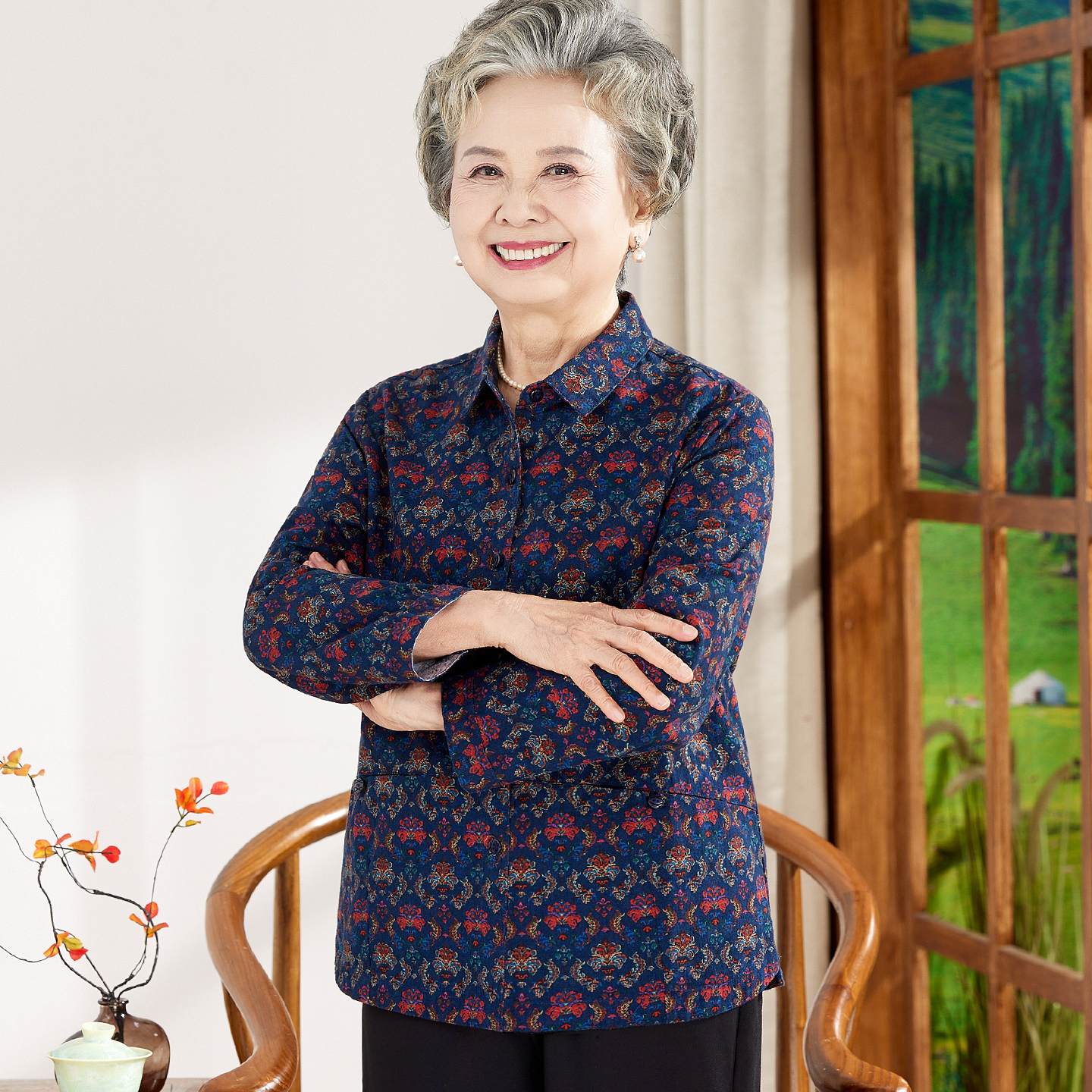 老年人秋装女纯棉衬衫婆婆妈妈春秋天全棉长袖薄外套奶奶衣服宽松