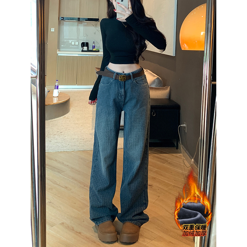 重工设计感小香提花加绒阔腿牛仔裤女2025冬季新款高腰垂感长裤