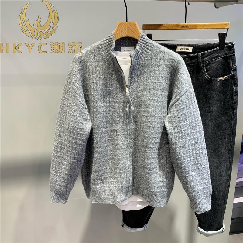 HKYC秋冬新款灰色针织立领拉炼开衫外套韩版时尚宽松通勤轻奢毛衣