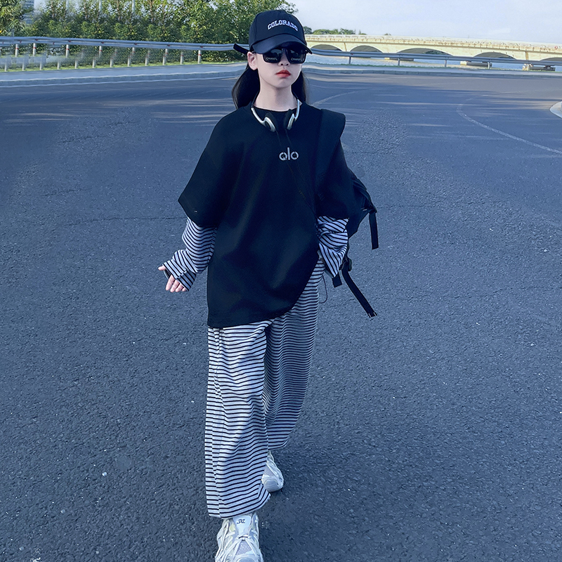 2025早秋新款洋气设计感长袖女童炸街时髦条纹拼接上衣裤子两件套