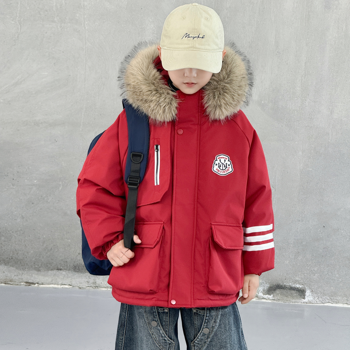 儿童装男童冬季加绒加厚风衣棉袄2025新款中大童男孩工装派克棉服