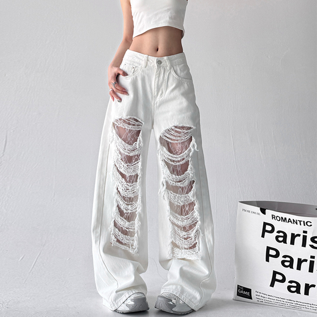 白色蕾丝镂空拼接破洞牛仔裤女夏季美式复古设计感直筒裤阔腿裤子
