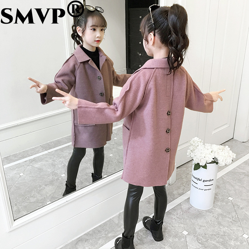 SMVP韩版女童秋冬装儿童中长款双面呢洋气大衣女孩中大童宽松毛呢