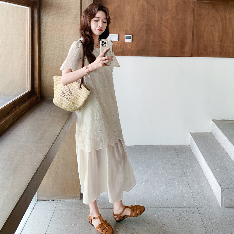 外穿拼接夏季芭蕾风白色镂空无袖连衣裙时尚长裙显瘦蕾丝大码气质