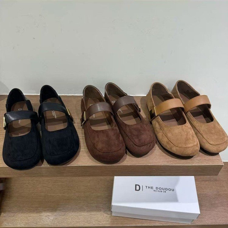 复古风圆头金属扣玛丽珍2025秋季女绒面气质单鞋浅口平底芭蕾舞鞋