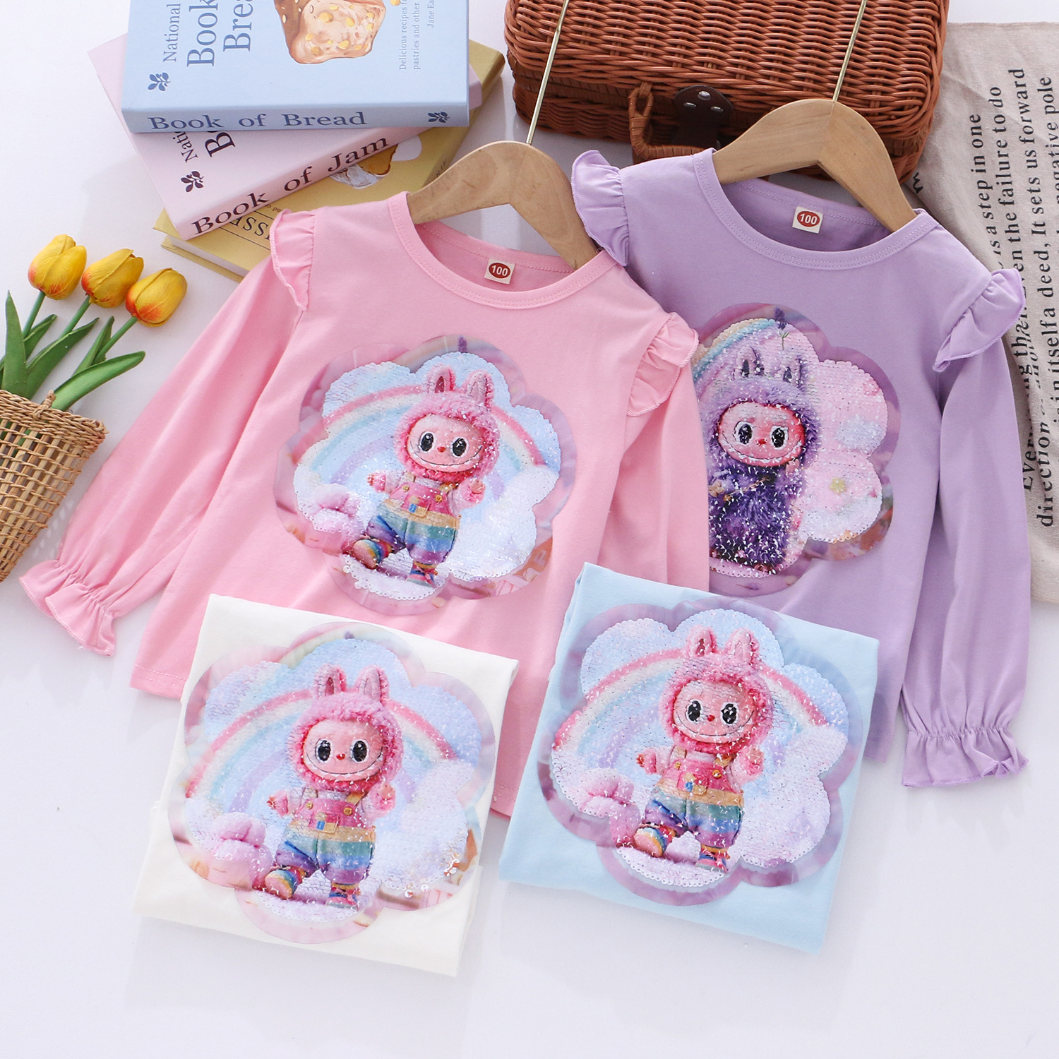 女童变色亮片纯棉长袖打底衫儿童秋季棉T恤女宝宝变脸图案飞袖长T