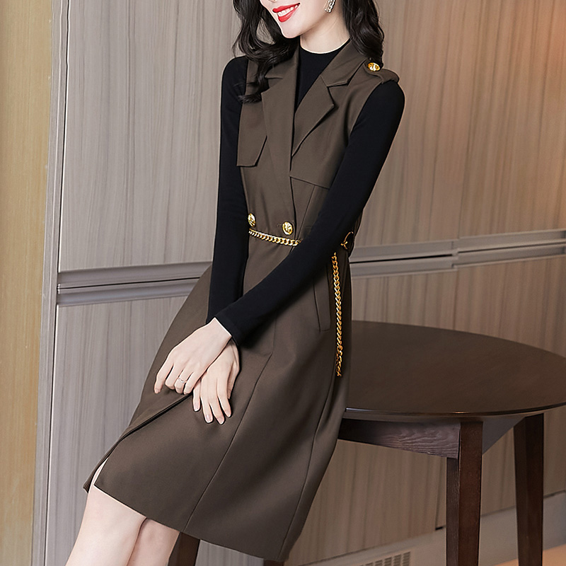 西装领长袖秋季套头通勤连衣裙两件套洋气名媛连衣裙