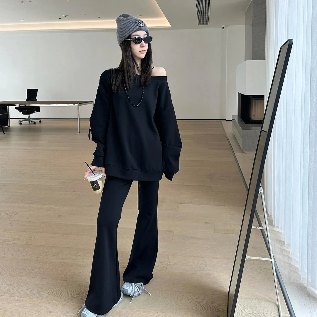 黑色休闲运动套装女早秋2025新款韩系小众时尚斜着卫衣长裤两件套