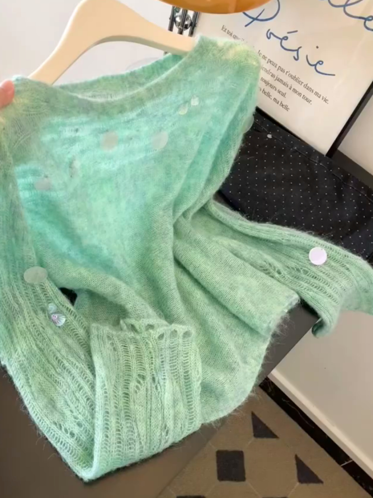 慵懒风绿色镂空亮片毛衣女2025秋季新款设计感气质温柔软糯针织衫