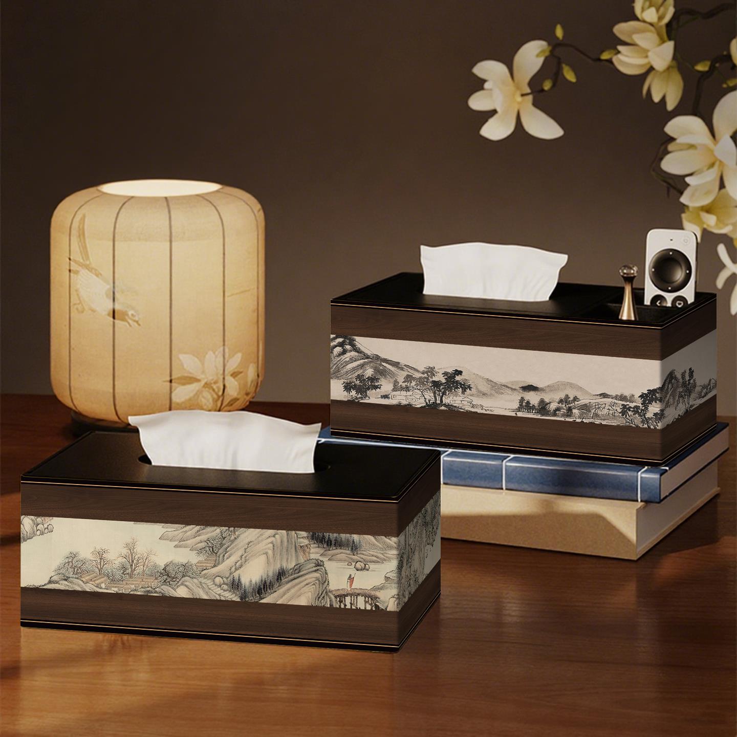 .新中式皮革纸巾盒家用客厅名画 画卫生纸盒高级感