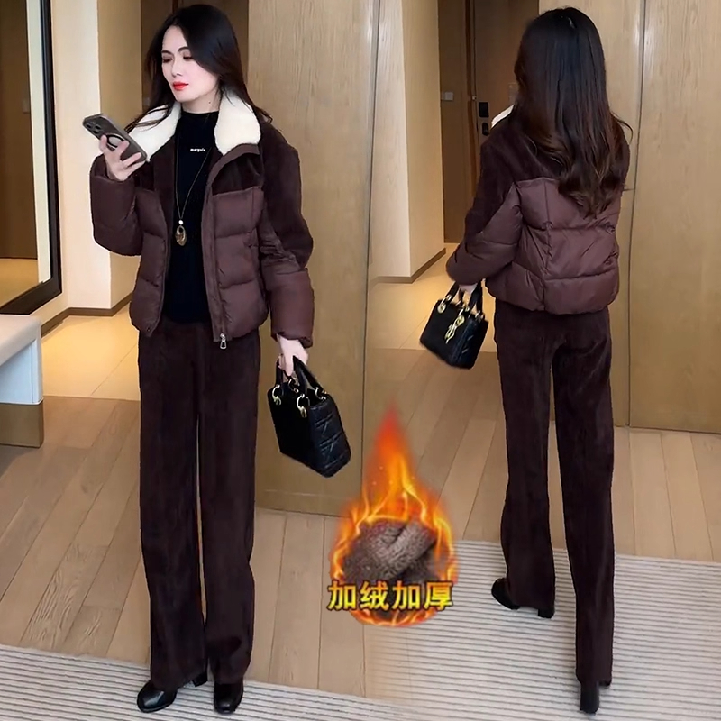 加绒羽绒棉服套装女冬季新款洋气显瘦棉衣外套阔腿裤爆款两件套潮