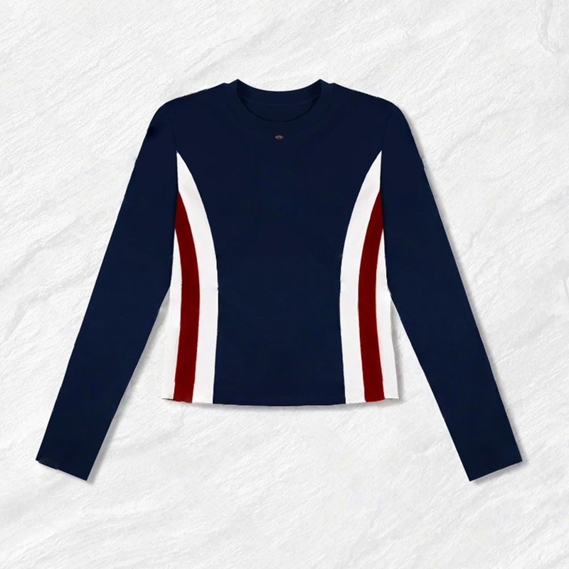 高含棉时尚拼接轻职风长袖t恤女2025年秋冬新款修身显瘦条纹上衣