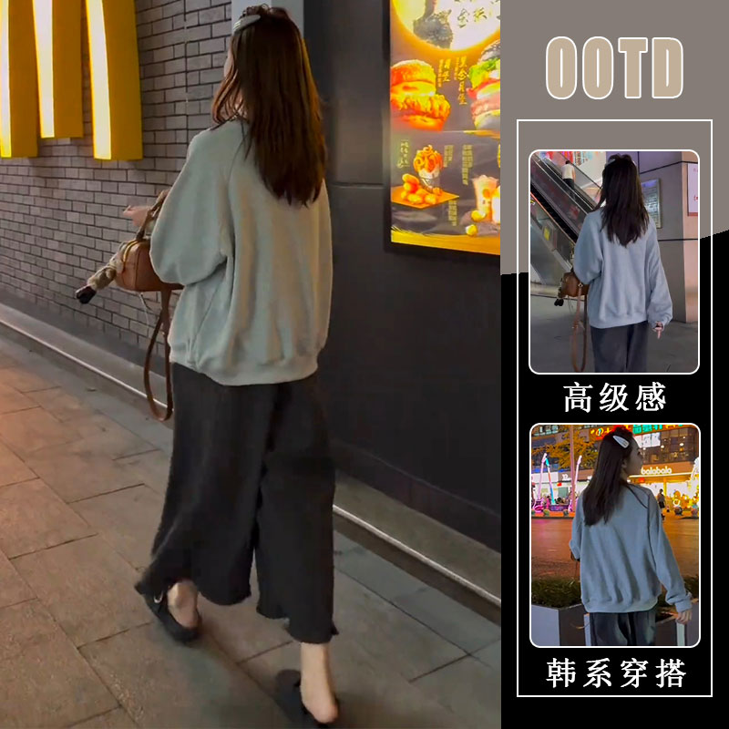 秋季新款漂亮小个子独特休闲风灰色圆领套头上衣+灰色裤子两件套