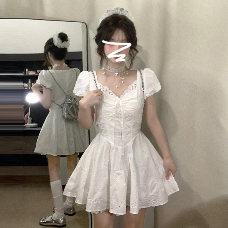 法式泡泡袖白色连衣裙子女夏季2025新款小个子气质蕾丝短裙白月光