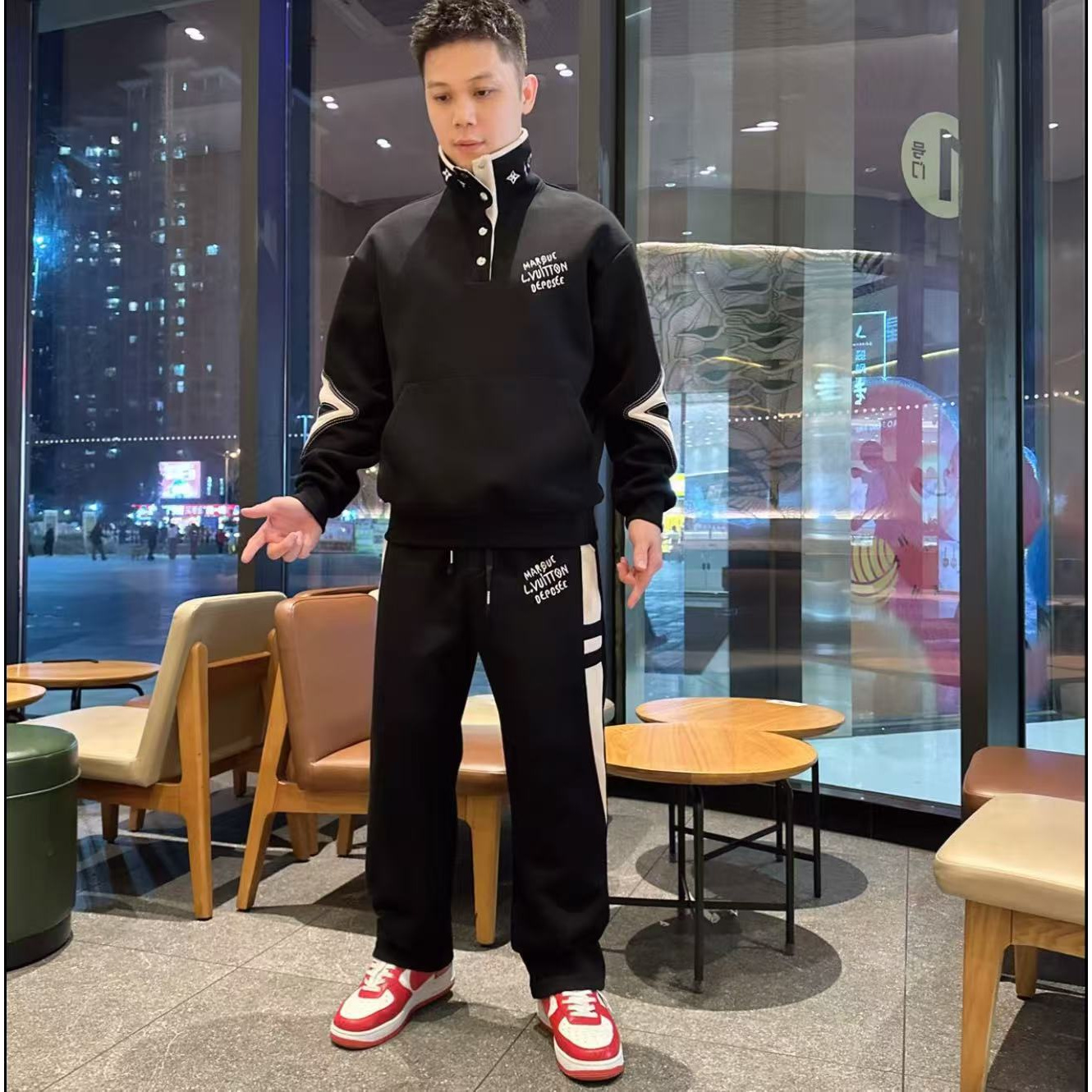 2025秋冬季新款男士休闲套装时尚百搭刺绣立领抗皱韩版休闲直筒裤