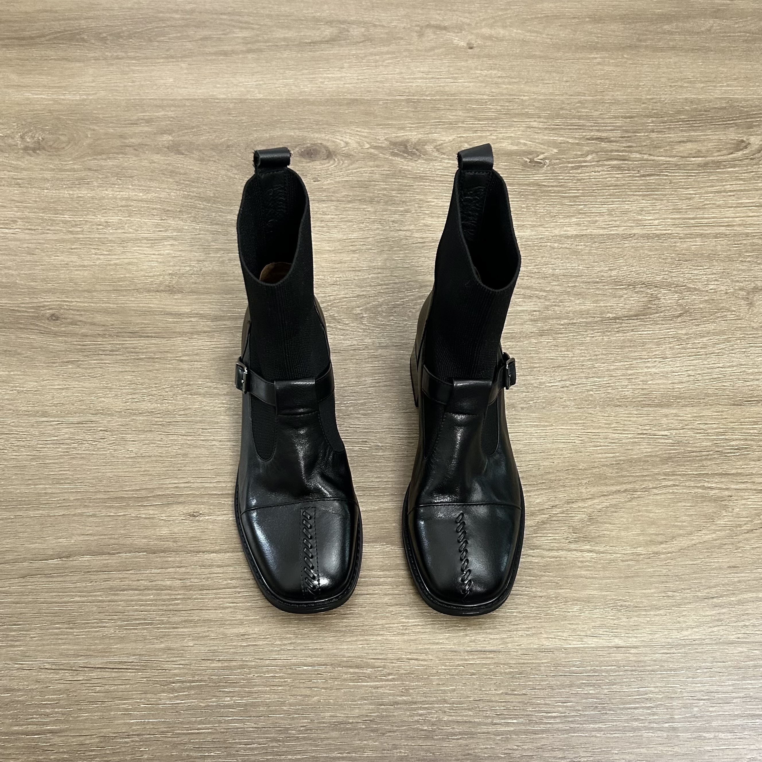 Dannyfrey复古百搭拼接弹力针织袜靴方头粗跟皮带扣马丁靴瘦瘦靴