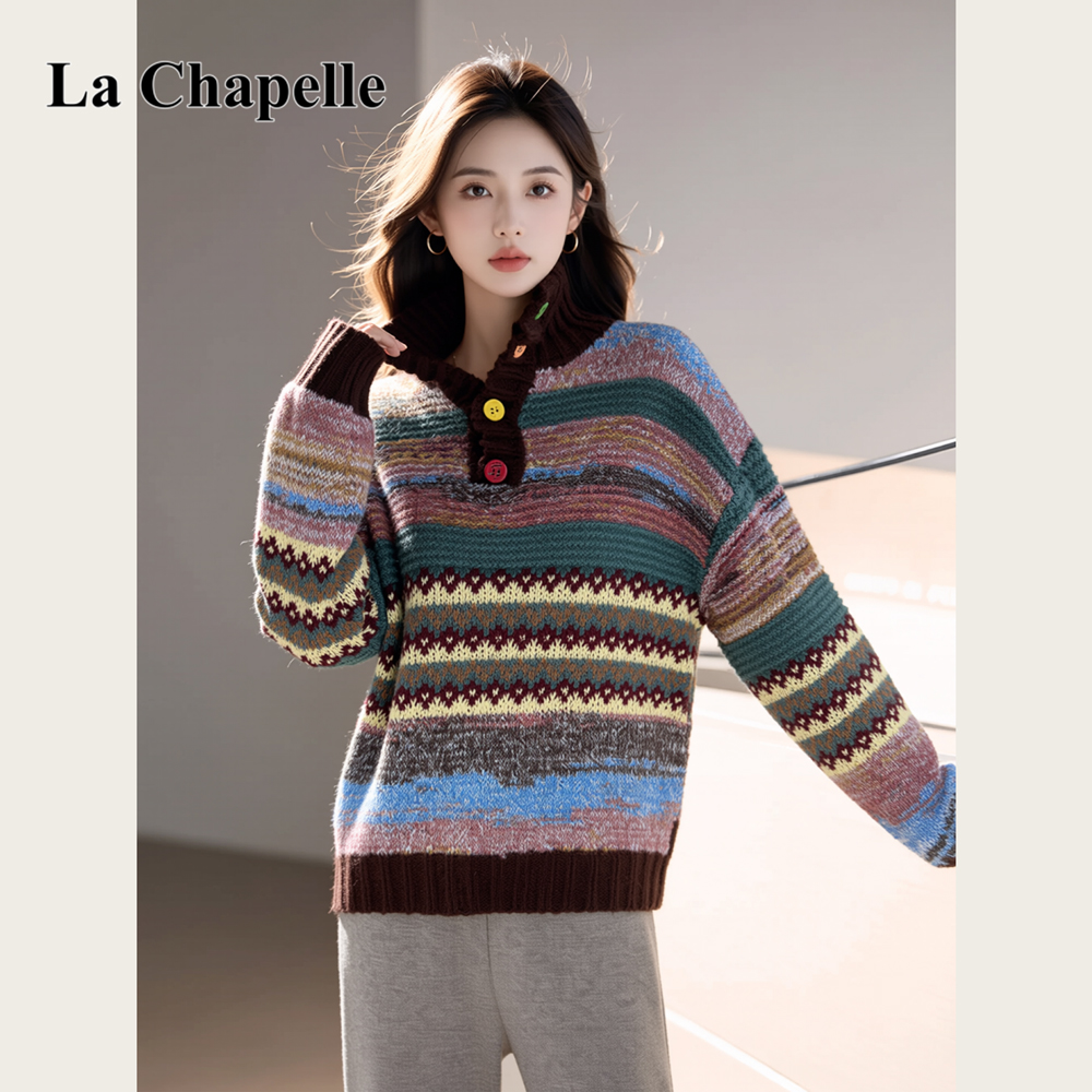 拉夏贝尔彩虹条纹宽松POLO领长袖针织衫女秋冬新款流行爆款毛衣