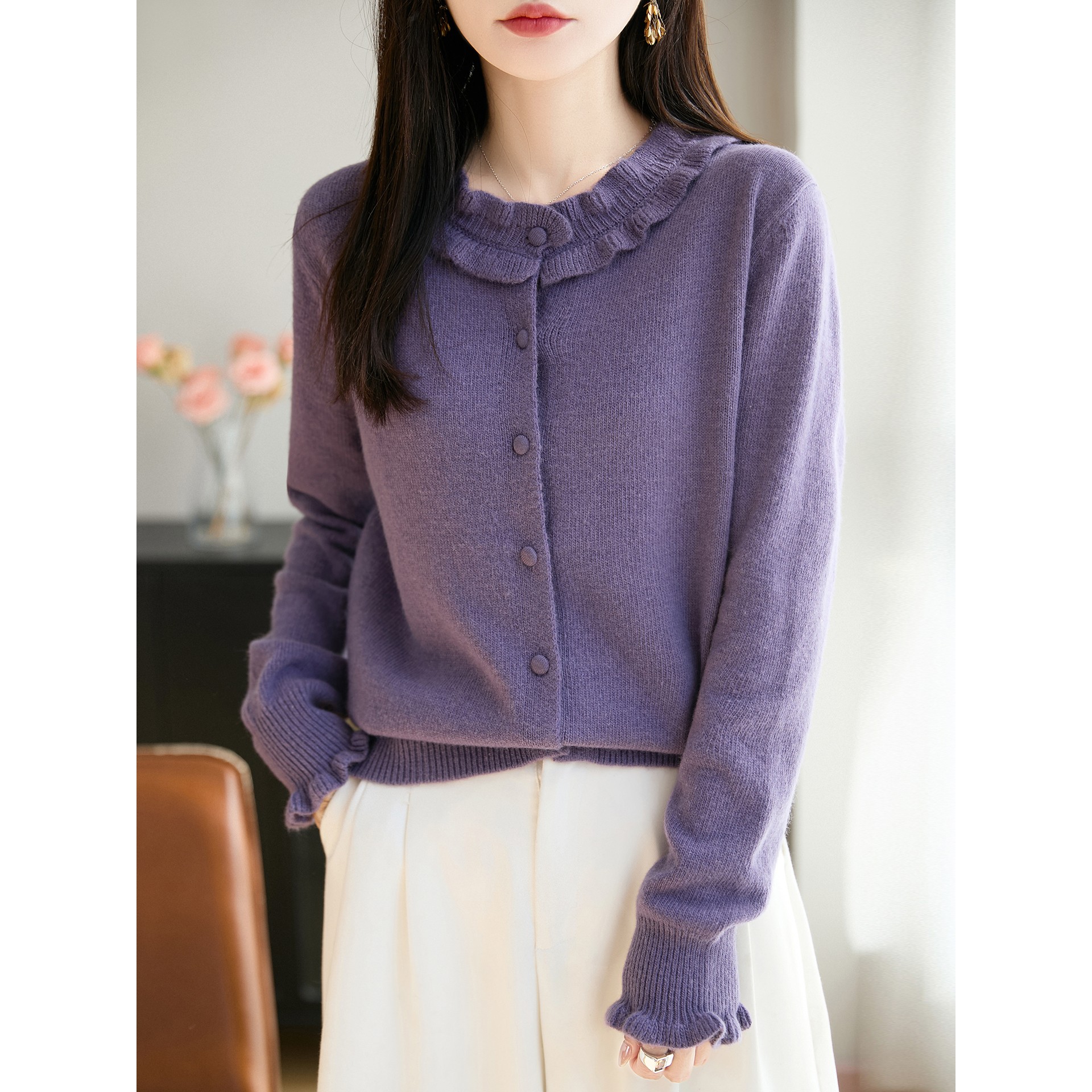 俞兆林法式温柔风木耳边针织开衫女毛衣外套2026新款设计