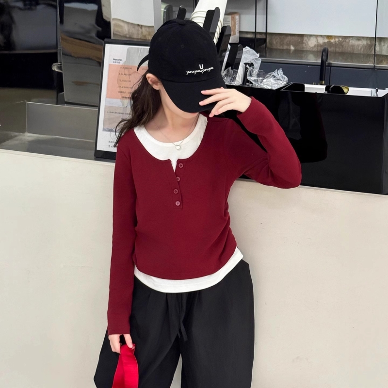 长袖t恤女童秋装2025新款大童假两件上衣儿童早秋洋气修身打底衫