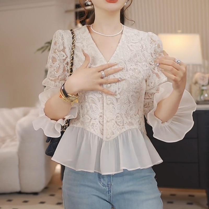 灿星锦衣~亮片蕾丝衬衫女设计感修身显瘦上衣LK2502609