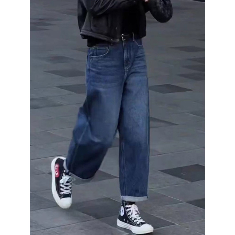 小个子牛仔裤女2025秋季新款爆款宽松蓝色裤子高腰直筒阔腿裤时尚