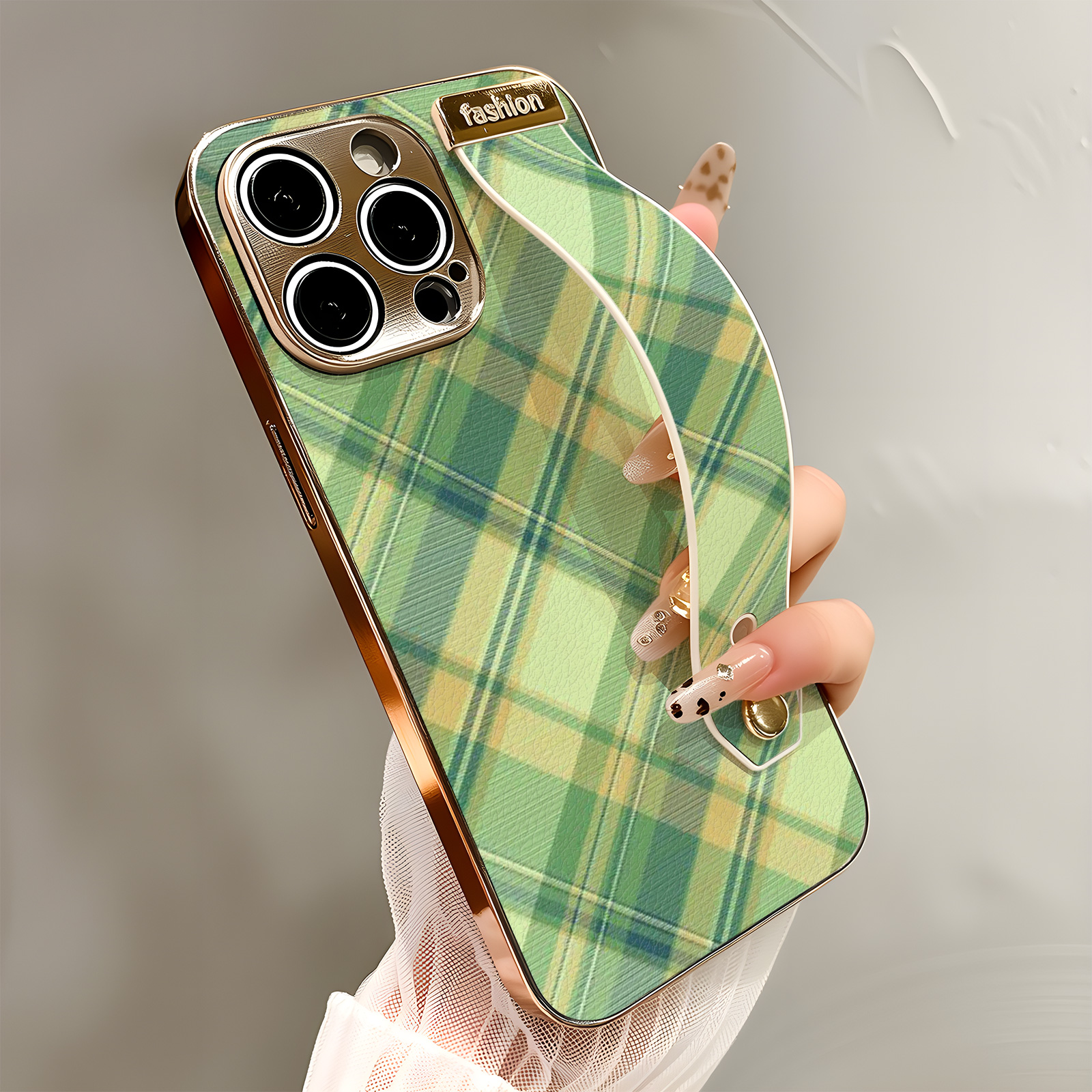 绿黄线条拼接适用于苹果手机壳电镀皮纹腕带支架网红同款数码配件
