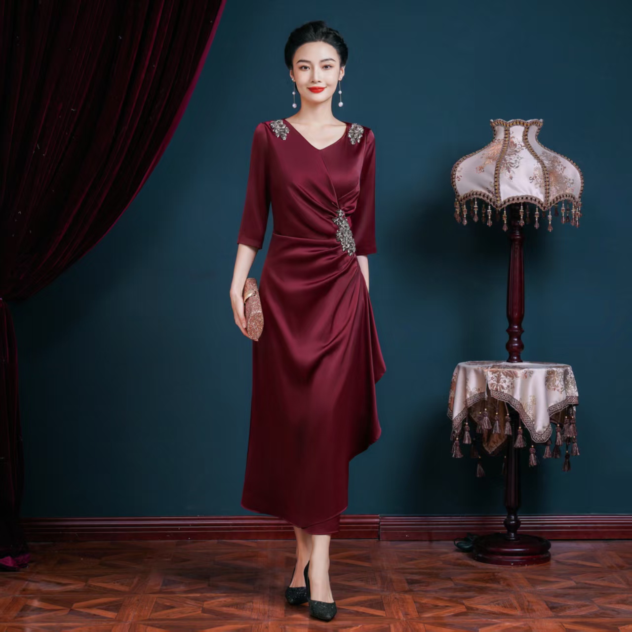 旗袍秋冬新中式喜婆婆婚礼连衣裙高档喜妈妈宴会款女装中国风礼服