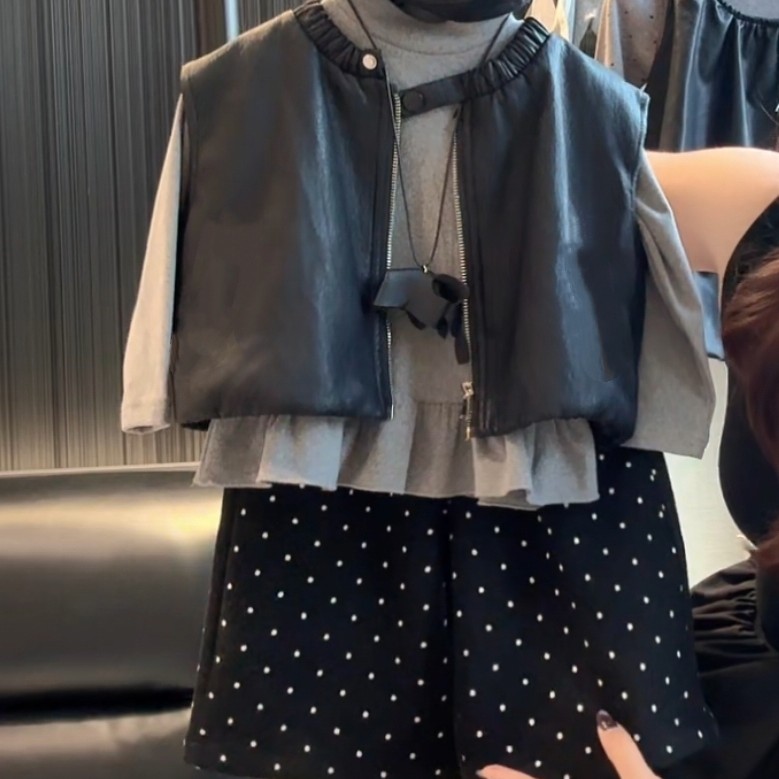 女童2025新款秋装套装洋气时髦韩系ins皮衣马甲衣2件套