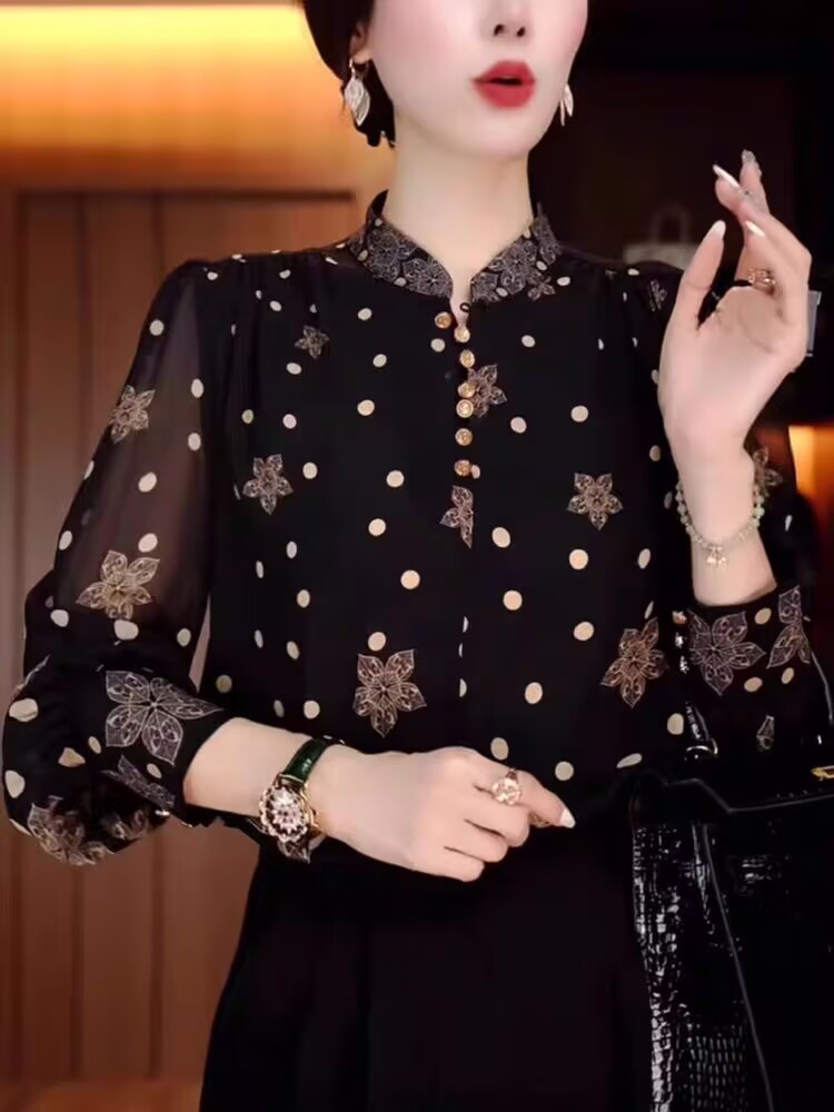 秋季轻奢薄款长袖冰丝衬衫大码中年妈妈遮肚显瘦减龄气质复古小衫