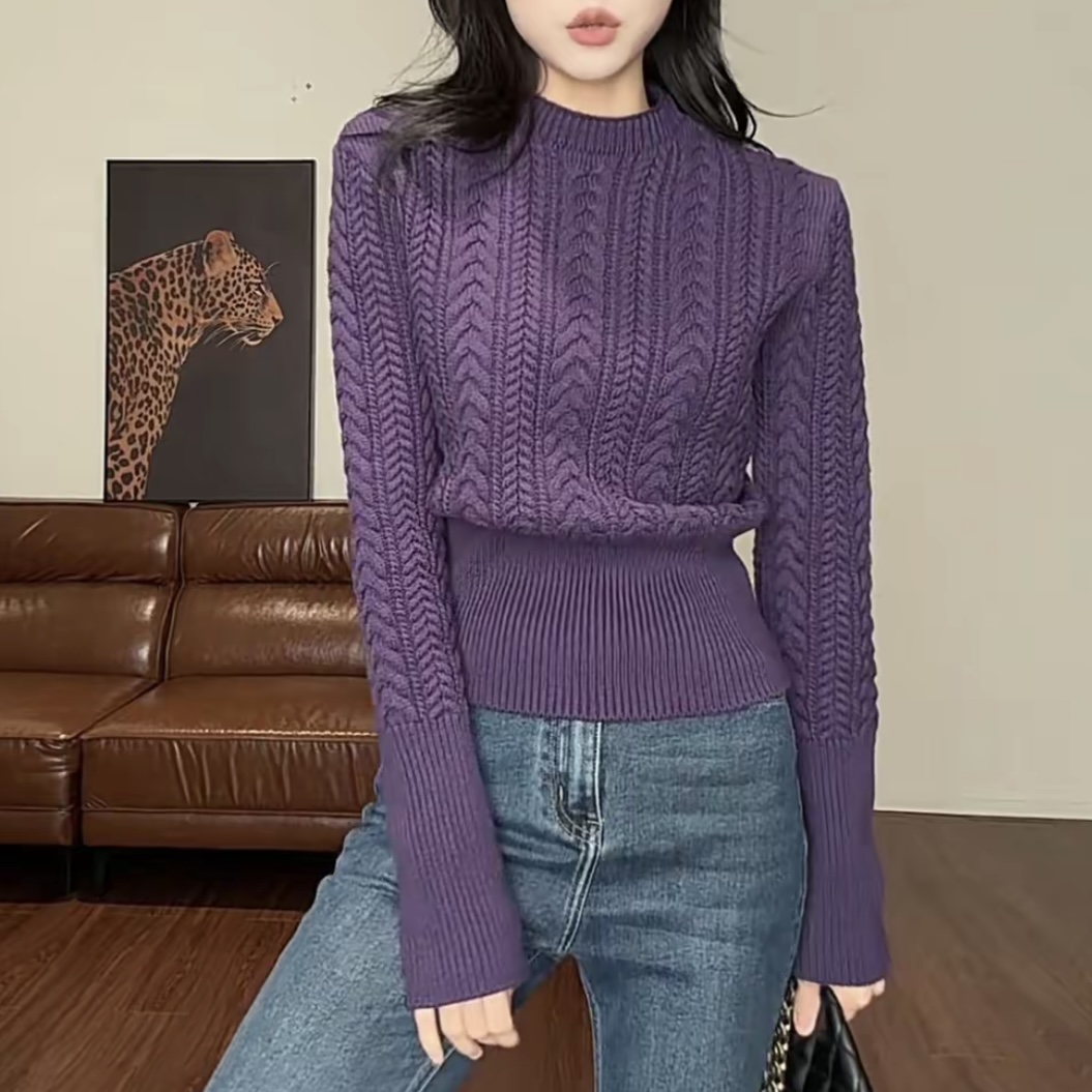巨好看的韩系复古麻花圆领针织衫上衣女秋冬收腰显瘦紫色打底毛衣