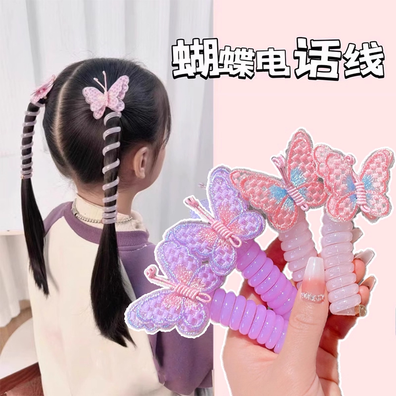 小女孩发绳刺绣蝴蝶电话线发圈儿童编发束发头绳扎双马尾头花发饰