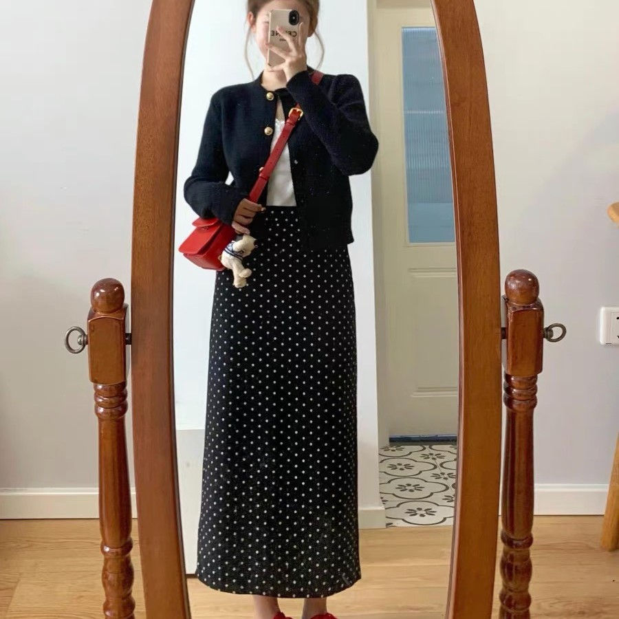 秋季气质两件套黑色针织上衣开叉波点半身裙简约时尚套装25036