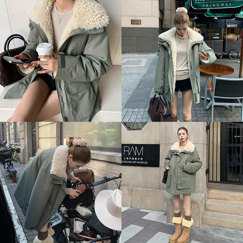 赵露思同款仿羊羔绒保暖工装派克服大衣户外厚外套女秋冬翻领外套