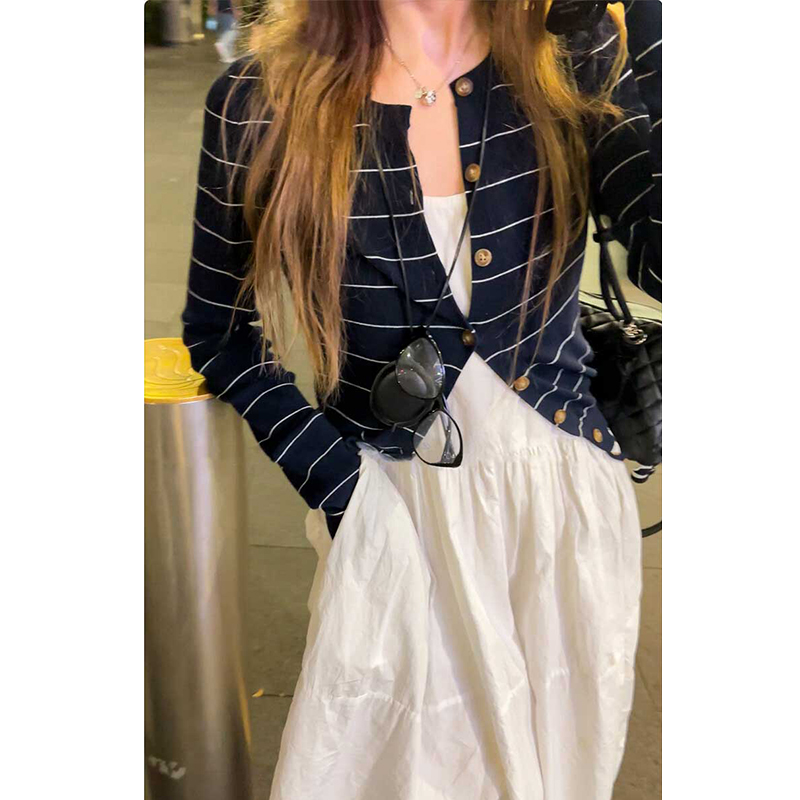 Manman Y3726自制小香风条纹针织衫女2025早秋新款薄外套上衣