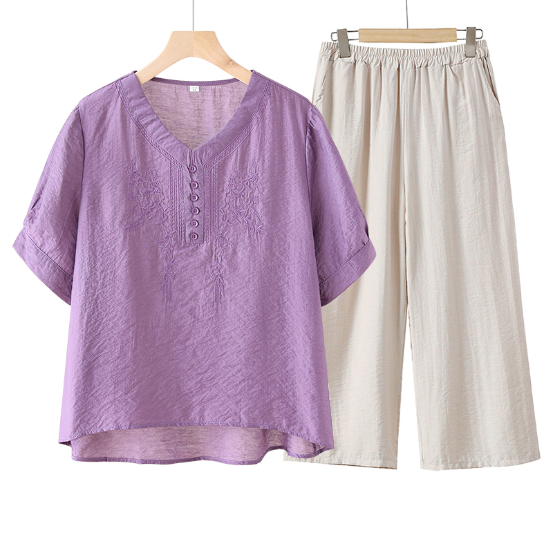 套装女新款套装女裤子刺绣圆领夏季新款丝麻套装079