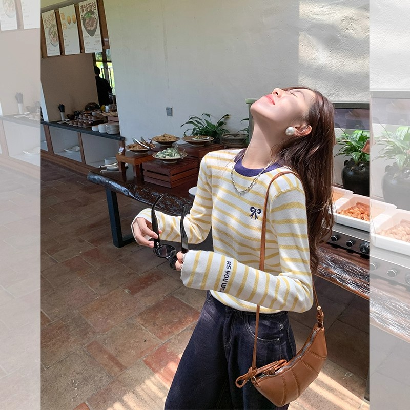 黄色条纹针织衫女新款chic早春上衣服修身毛衣长袖打底衫