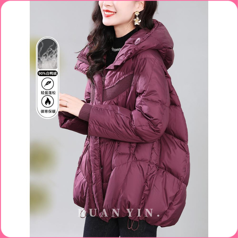 RUAN YIN中长款连帽羽绒服女冬季2025新款品牌设计感毛织拼接