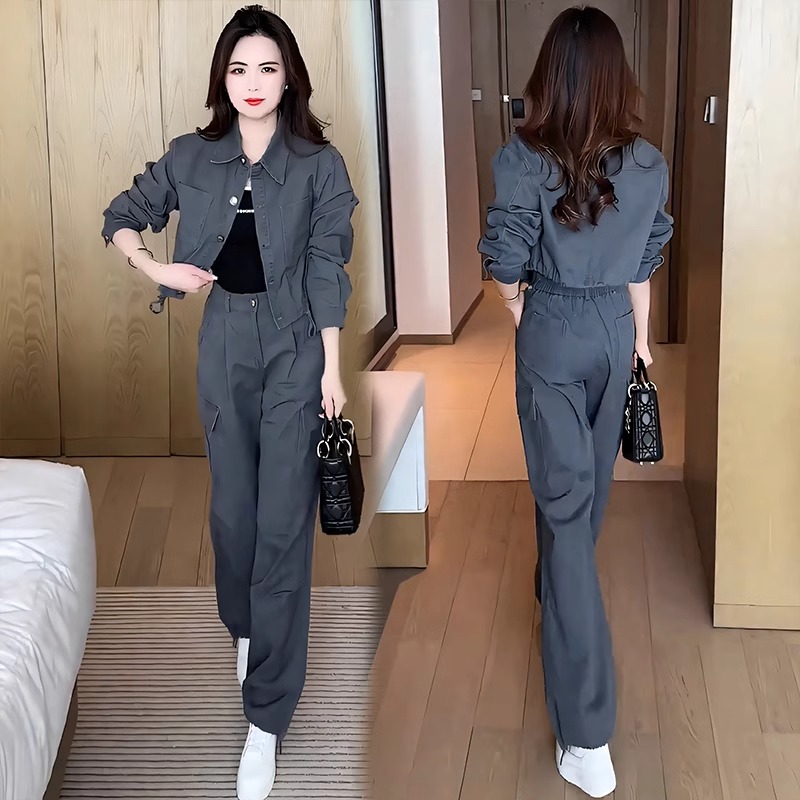 爆款减龄高级感时尚套装女2025春装穿搭牛仔工装外套阔腿裤两件套