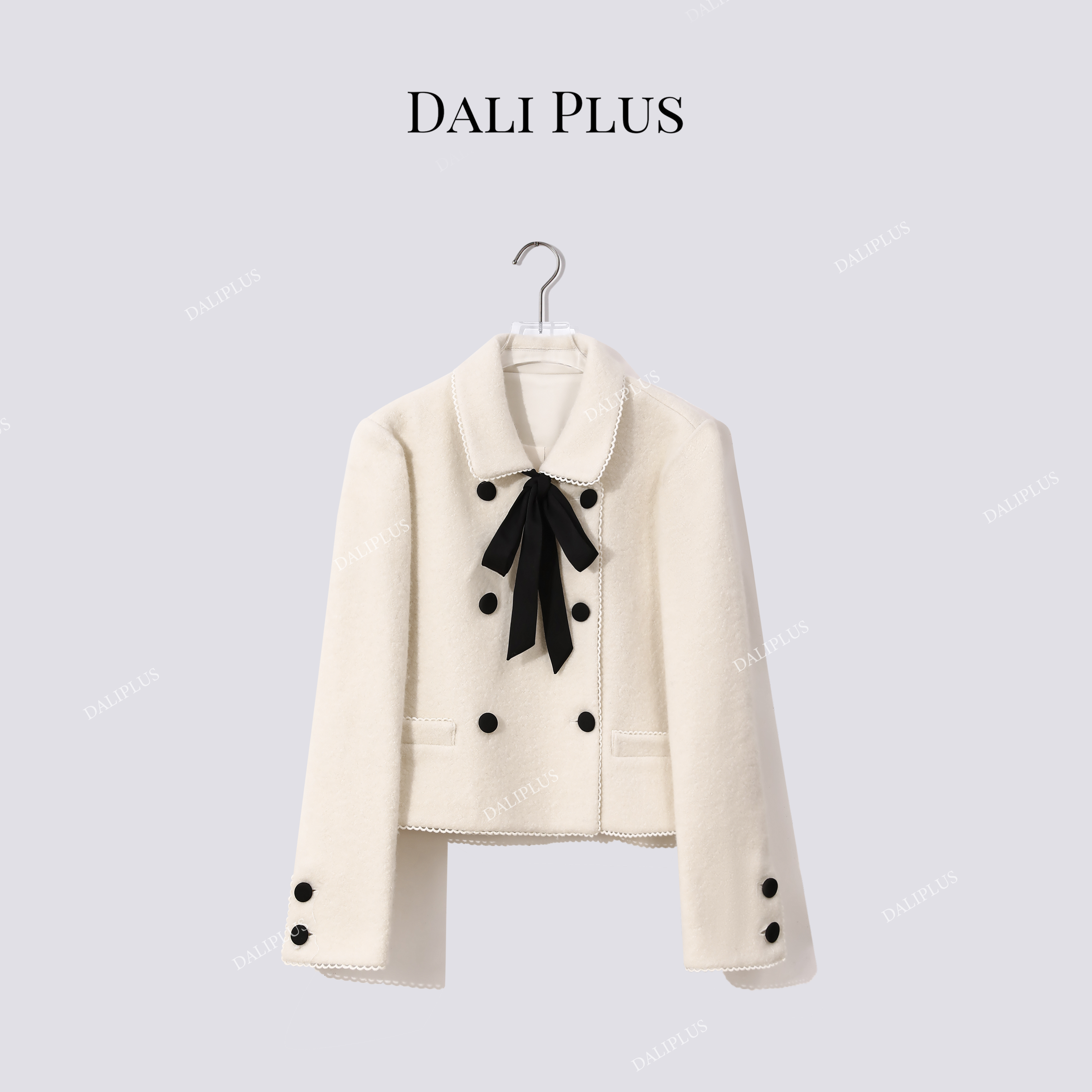 DALI PLUS50羊绒双排扣香风毛呢”可拆卸飘带花边外套-D5SS7205