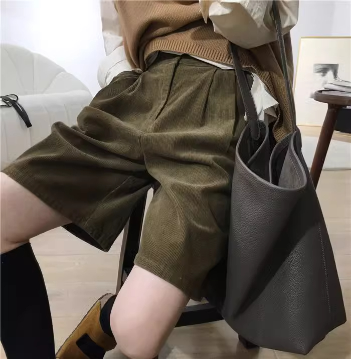 纯色高腰短裤秋冬加绒灯芯靴裤五分裤网红韩版裤子松紧腰大码短裤