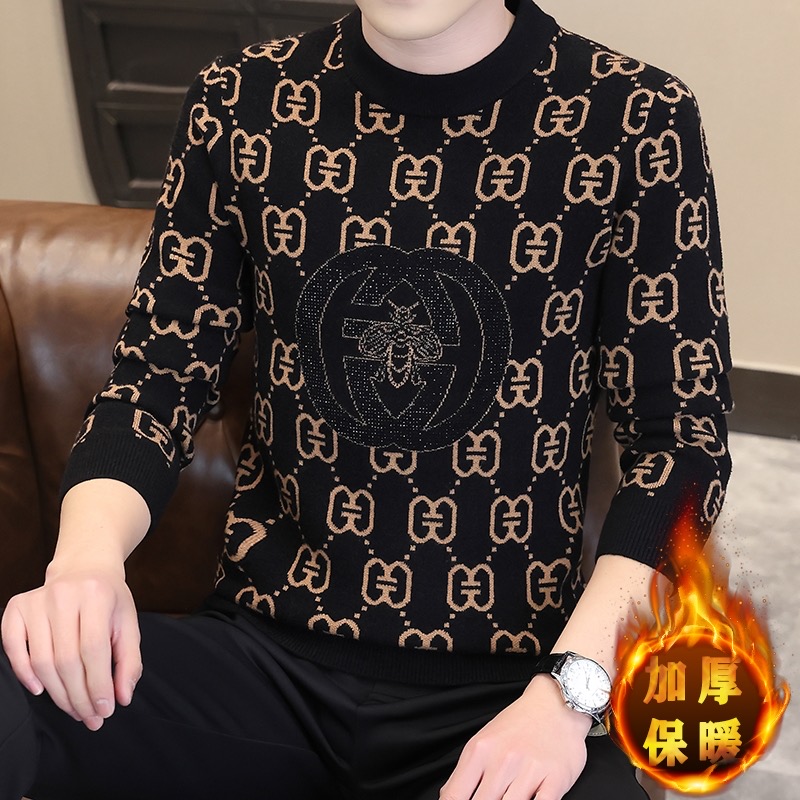 DEFOMONT狄佛蒙特冬季新款男圆领摩卡绒提花烫钻针织毛衣修身弹力