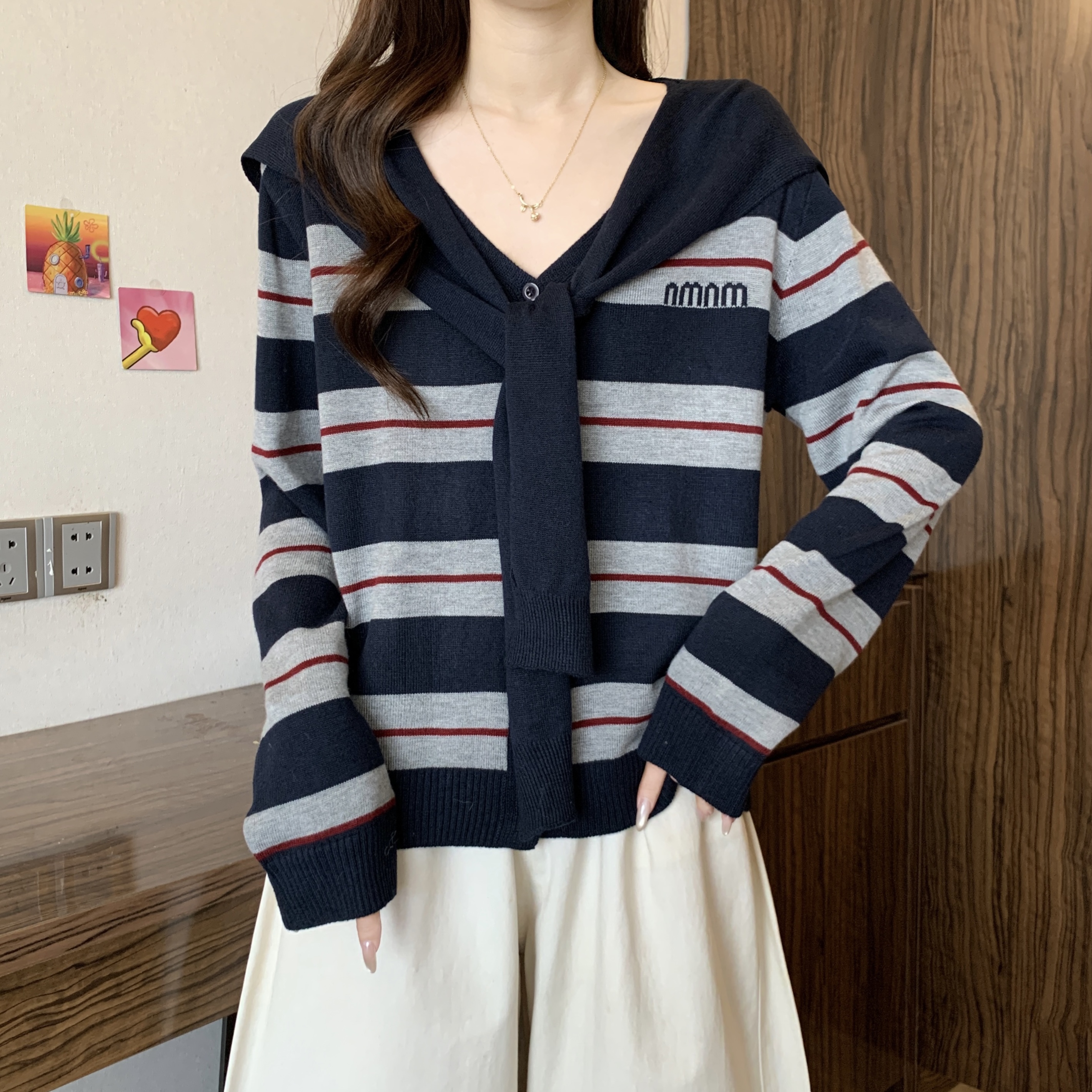 假两件条纹针织开衫披肩上衣女秋冬V领减龄毛衣宽松大码休闲外套