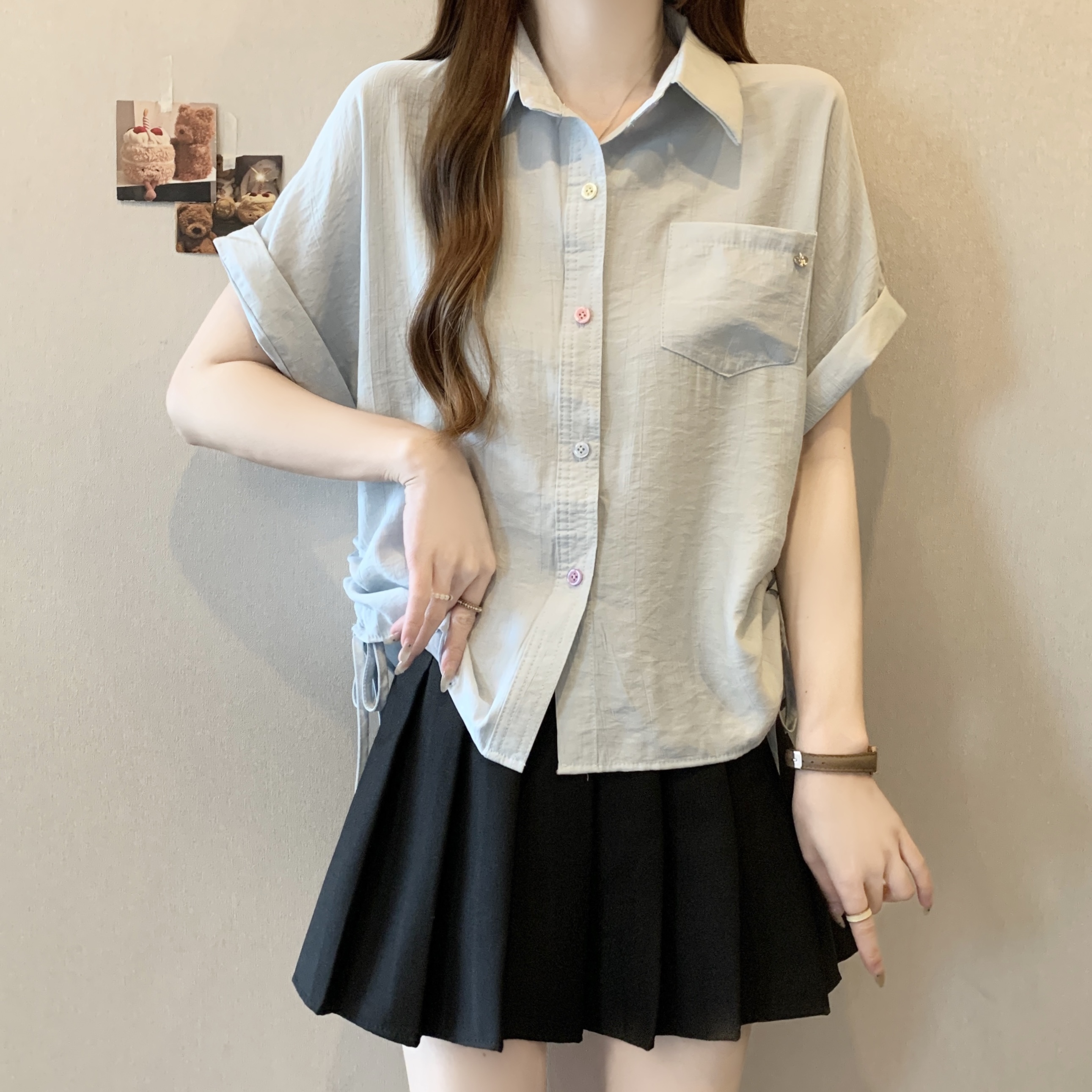 夏季新款胖mm显瘦洋气口袋POLO领衬衫女宽松大码遮肚休闲抽绳上衣