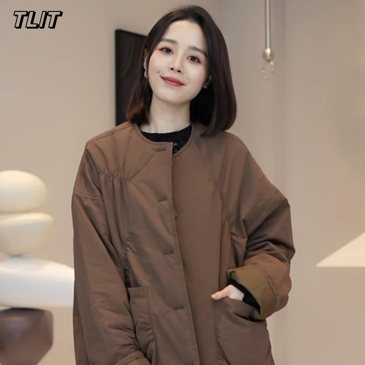 TLIT大码别致休闲风圆领中长款棉服外套女冬季减龄小众气质上衣潮
