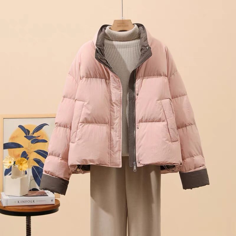 2025冬季爆款时尚糖果色新款羽绒服女士短款拼接色小个子面包外套